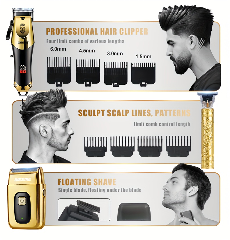  3pcs electric hair clipper set for men cordless trimmer kit with usb charging adjustable guide combs ideal for home haircuts travel beard maintenance daily grooming perfect gift for men teen boys details 1