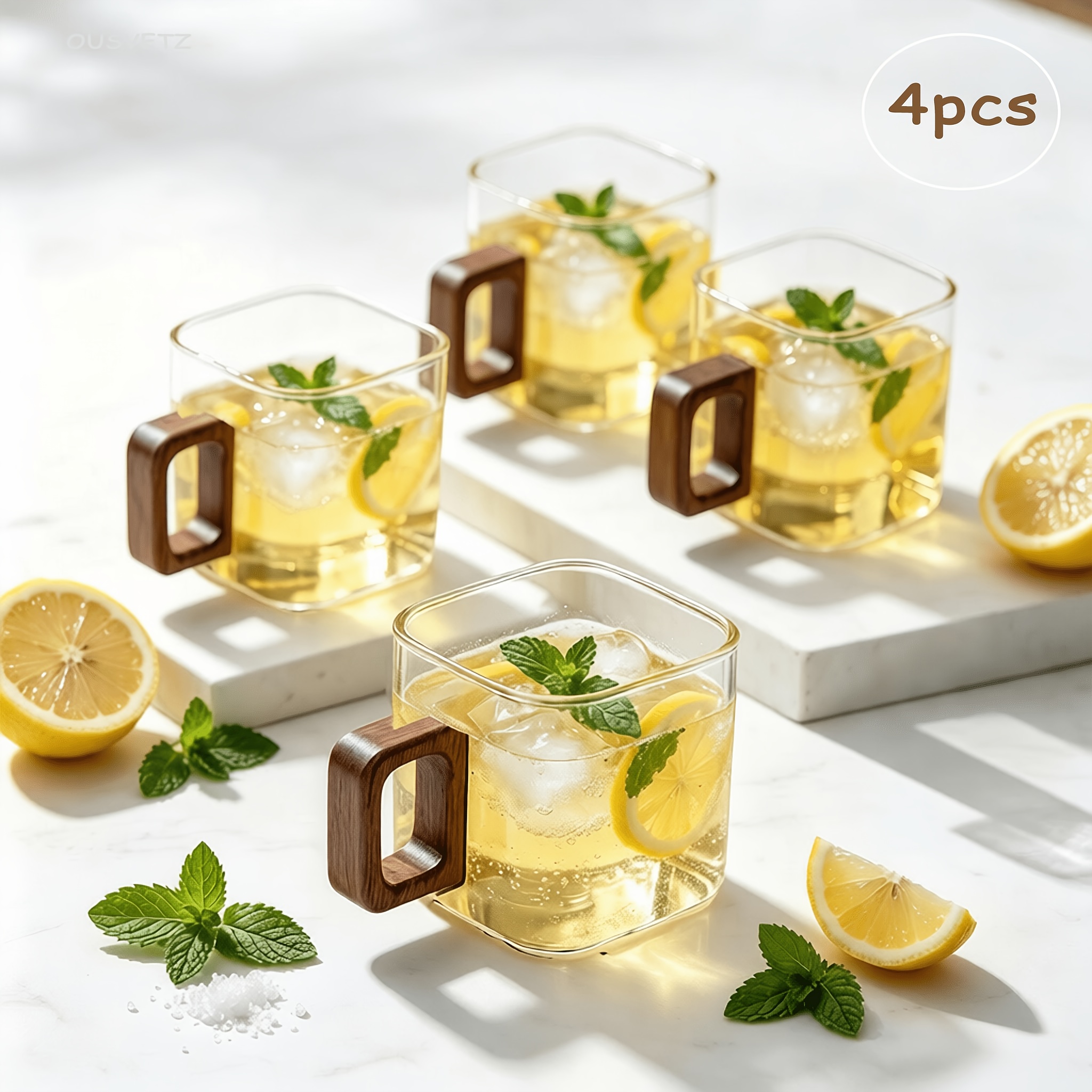 TEMU 4-pack Mini High Borosilicate Glass Square Cups With Walnut Wood Handles, Insulated Small Tea Cups, Mini Glass Cups For Home Use, Mini Espresso