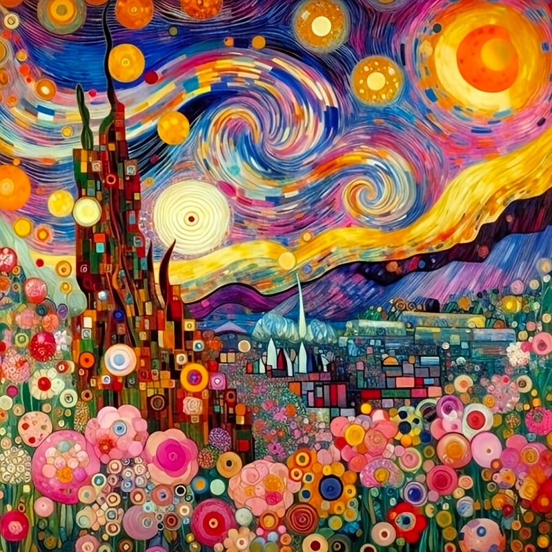 TEMU Fusion Klimt avec étoilée de Van Gogh, Kit de Peinture Diamant 5D avec Diamant Ronds Complets, Numéroté pour Débutants Expérience , Décoration