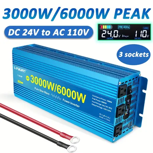 pure sine inverter 3000w 6000w peak car power inverter 12v 24v to ac 110v 120v with 3 ac sockets led display car power inverter for vehicle home solar system