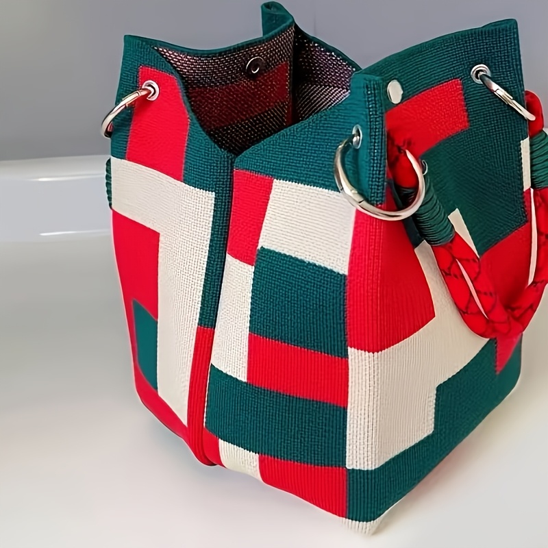 TEMU Macaron Color-block Women's Small Handbag, Dopamine Stripes Multicolor Tote Bag For Phone, Water Bottle, And Sundries