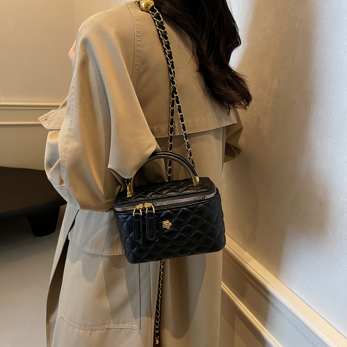 TEMU 2025 Spring Summer Women's Quilted With Golden-tone Chain Strap - Maroon & Black Retro Minimalist Small Square Purse, Zipper Closure, Durable