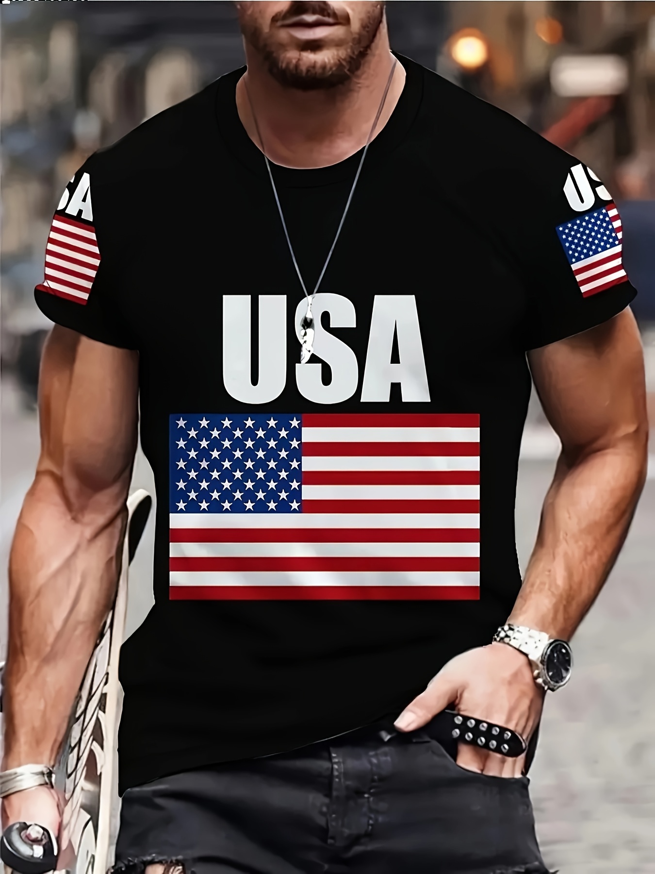 men's patriotic usa flag print t shirt comfortable polyester