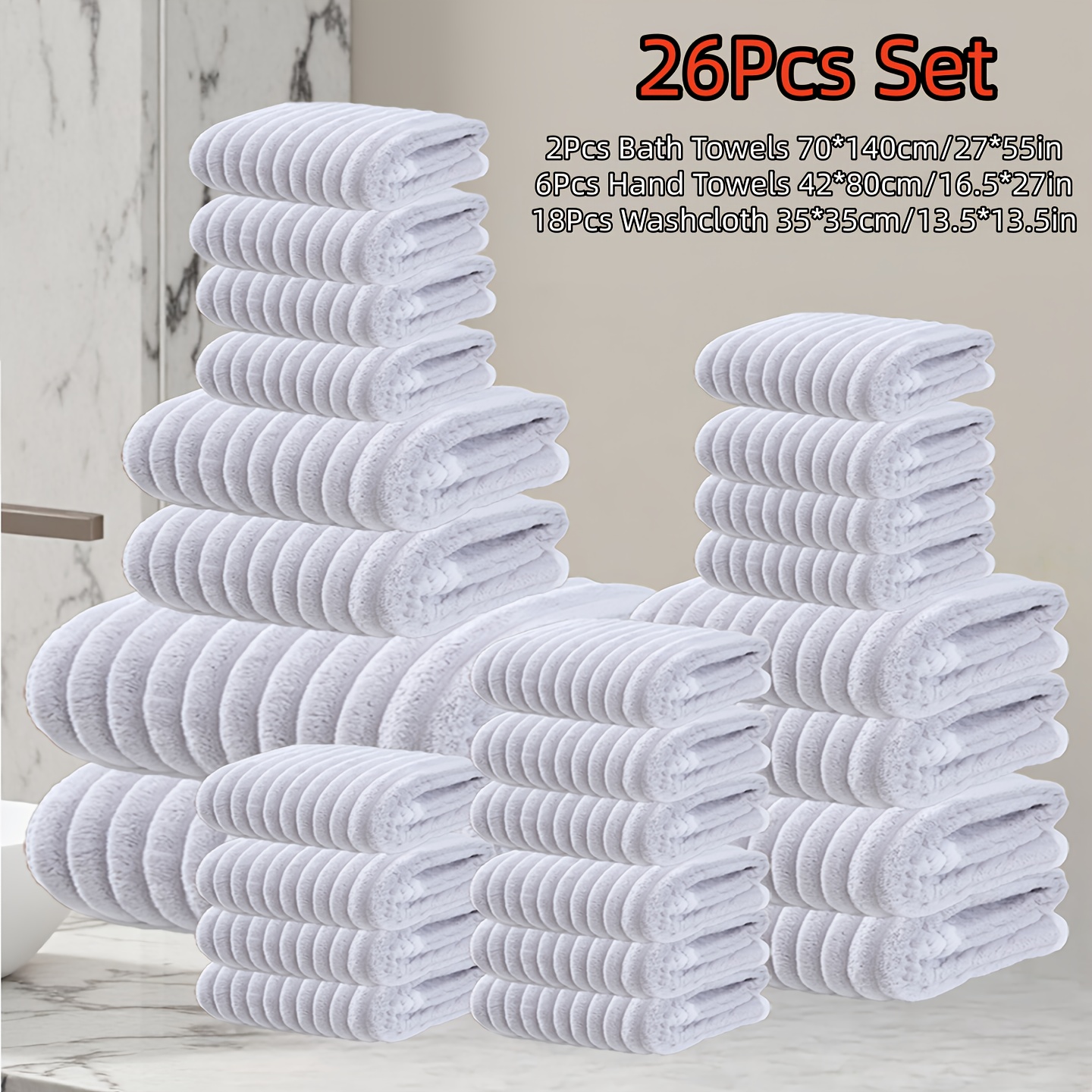 26pcs ultra   bath towel set including 18pcs of 35 x 35cm washcloths 6pcs of 42 x 80cm hand towels and 2pcs of 70 x 140cm bath towels ideal for home use quick drying fast absorbing and lightweight suitable for hotels and spas