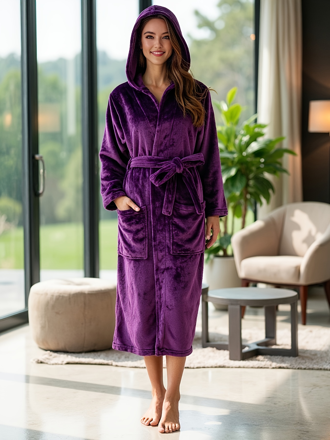 Cross-Border Women'S Autumn And Winter New Flannel Bathrobe Solid Color  Thickened Warm Nightgown Long-Sleeved Hooded Double * Robe