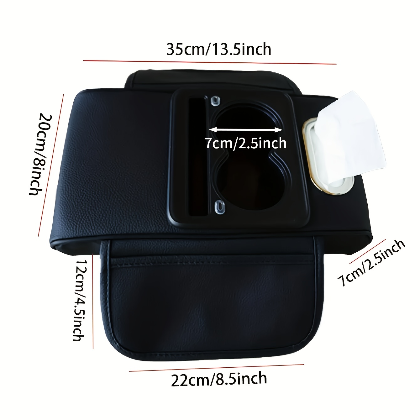 A Multifunctional Car Central Heightening Pad with a Dual Type-C Illuminated Data Cable Interface, Featuring a Storage Cup Holder And Armrest Box. It Includes a Thickened Memory Foam Console Protection Pad, an Armrest Storage Box with Pockets