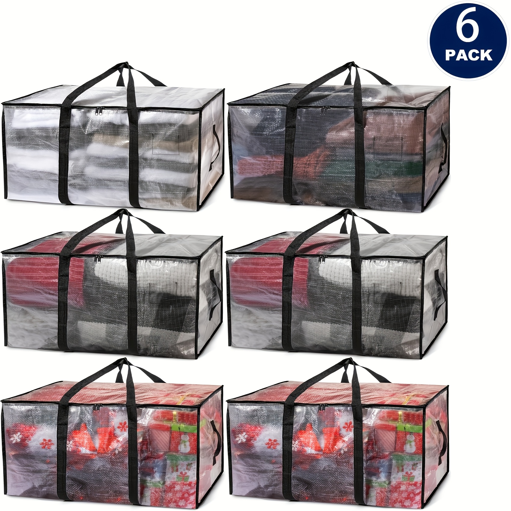 TEMU 6pcs Extra Large Moving Bags - Durable Zippers, Sturdy Handles, Heavy-duty Construction, Clear Plastic, Spacious Storage Bin - Moving, College Dorms, And Needs
