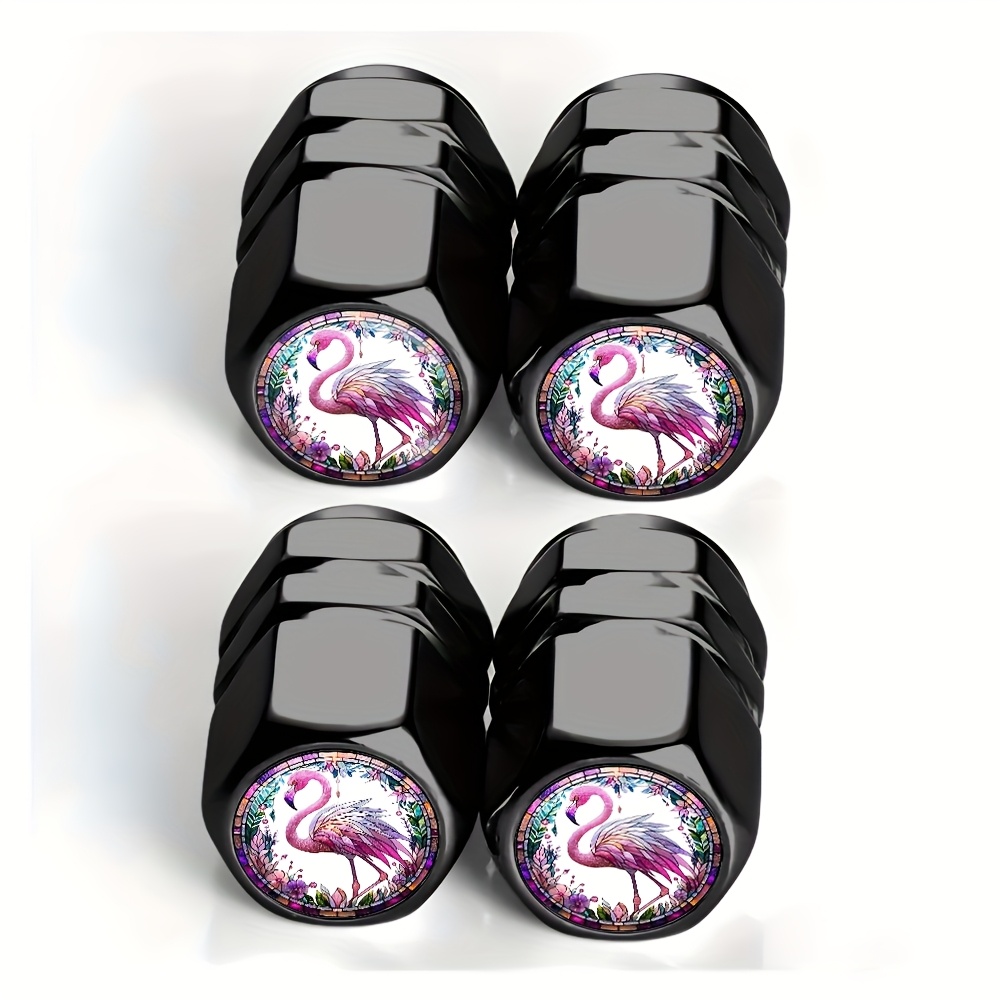 TEMU 4pcs Flamingo Pattern Tire Valve Caps - For Cars, Trucks, Suvs And Motorcycles, Durable Aluminum Alloy, Stylish And Practical Dust-proof Design,