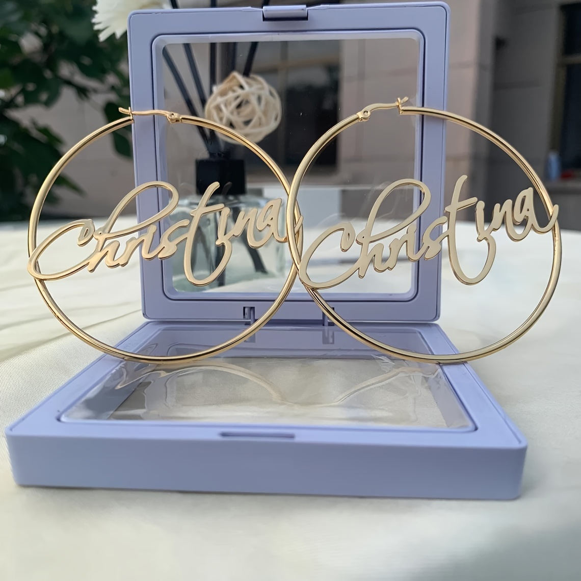 Image of Custom 70mm Large Name Hoop Earrings, Personalized Minimalist Stylish Name Earrings, Stainless Steel Round Hoop Earrings, Trendy Jewelry For Women, Language To English