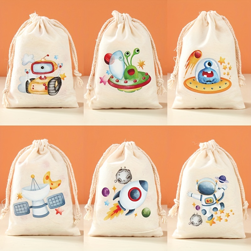 

6pcs/set Astronaut Cotton Gifts Bag Spaceship Theme Alien Planet Astronauts Birthday Party Decoration For Guests Happy 1st Birthday Supplies Packing Bags