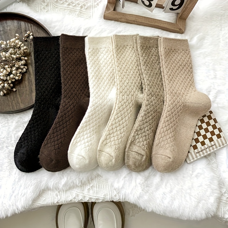6 Pairs Women's Autumn Winter Thick Fleece Socks Solid Easy Warm Socks Versatile Mid-calf Socks For Instagram