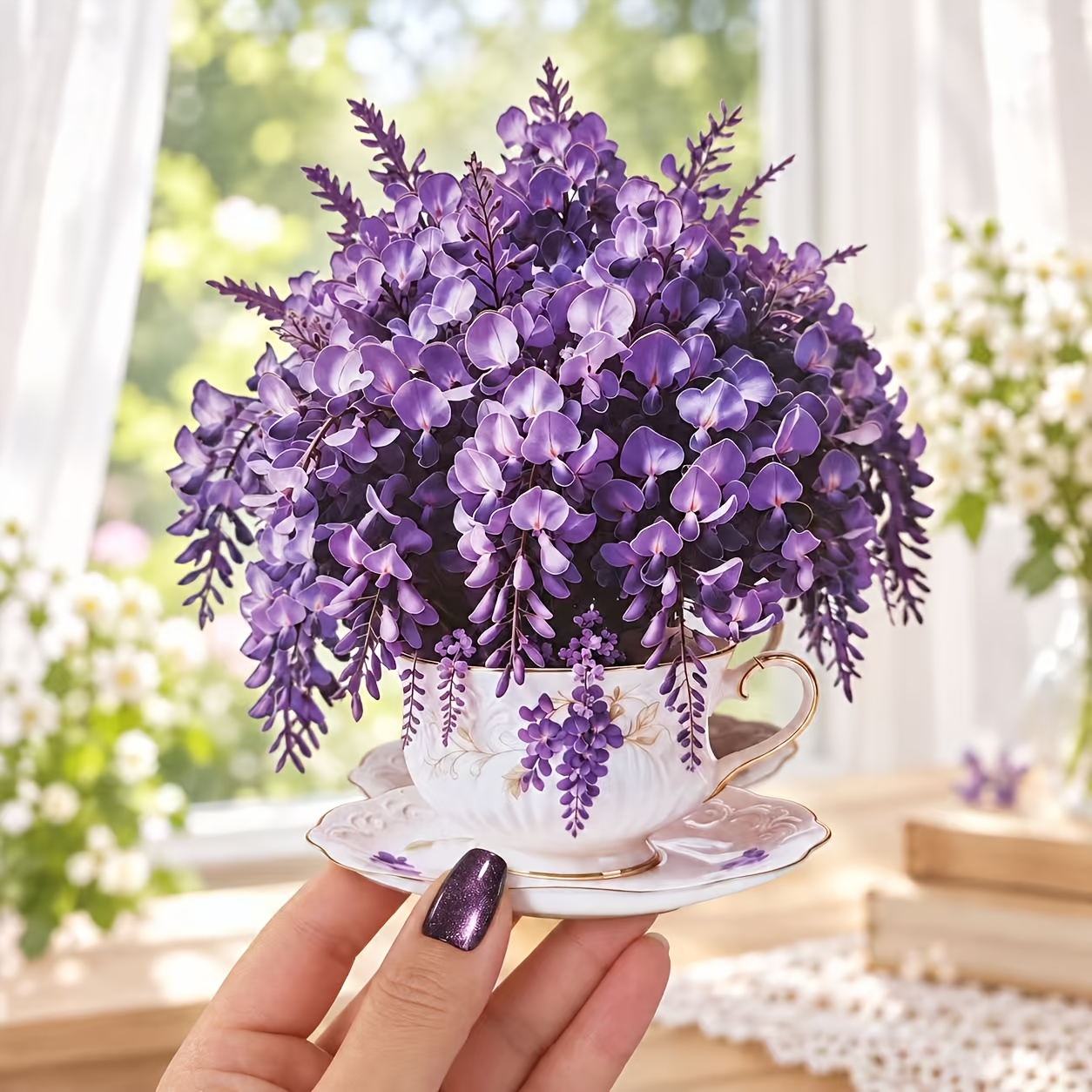TEMU 1pc Purple Wisteria Tea Cup Shaped 3d Greeting Card, 20 X 19cm Foldable Bouquet Card, Suitable For Mother's Day, Birthday, Teacher's Day,