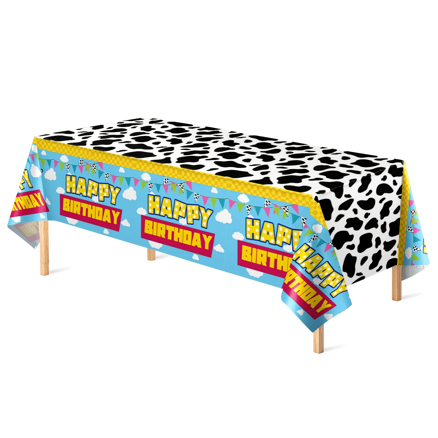 TEMU 1pc Classic Cow Print With Sky And Clouds, Color- Birthday Font With Triangular Banners, Suitable For Indoor Birthday Parties, Outdoor Lawn