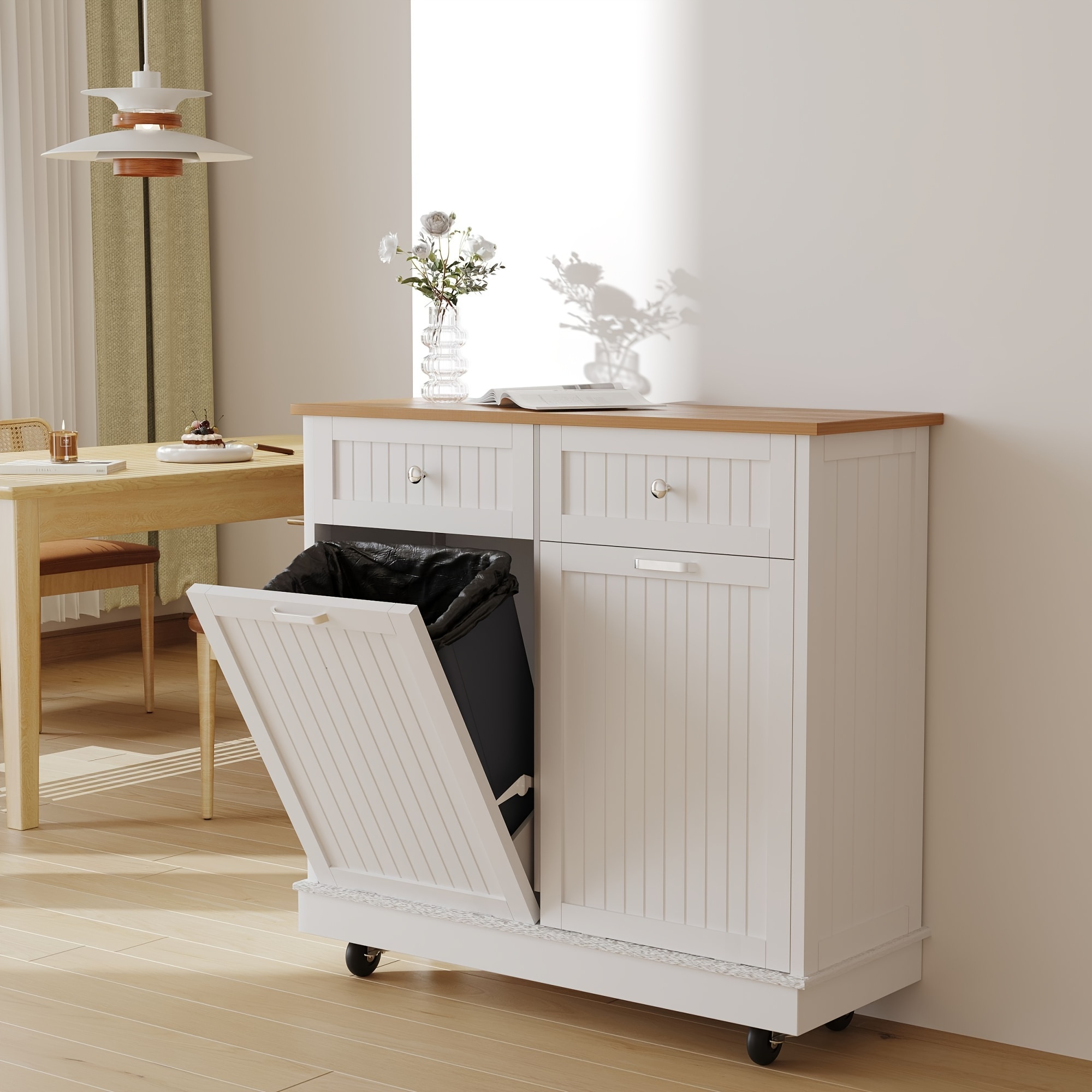Tilt Out Trash Can Cabinet With Outlets And Adjustable Shelf