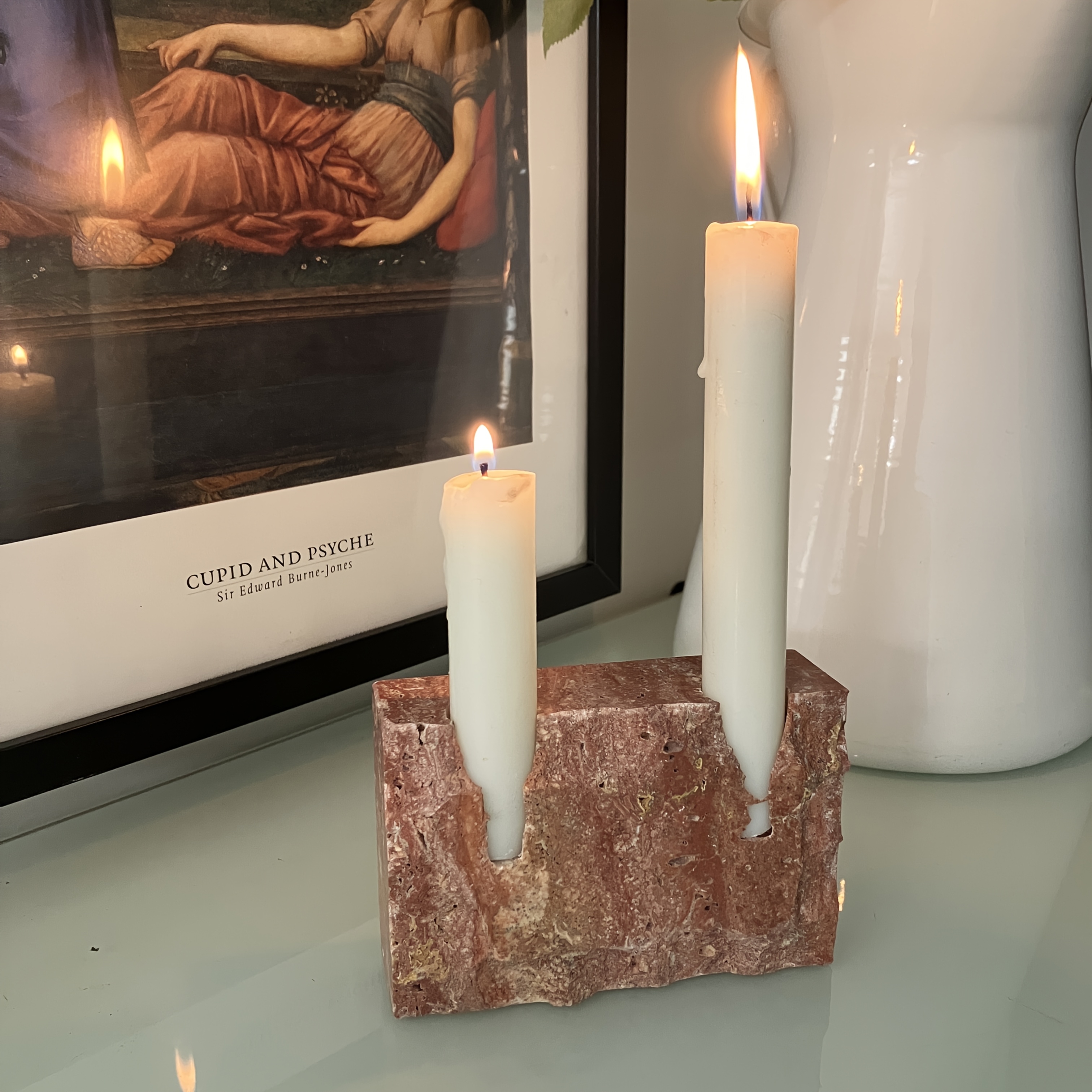 1pc Natural Red Marble Candle Holder - Uniquely Designed Rectangular Two-Hole Candleholder, Holiday Candle Holder, Onyx Candle Holder Base, Travertine Candle Holder, Multi-Branch Candle Holder, Suitable for Weddings, Parties, and Holiday Decoration.