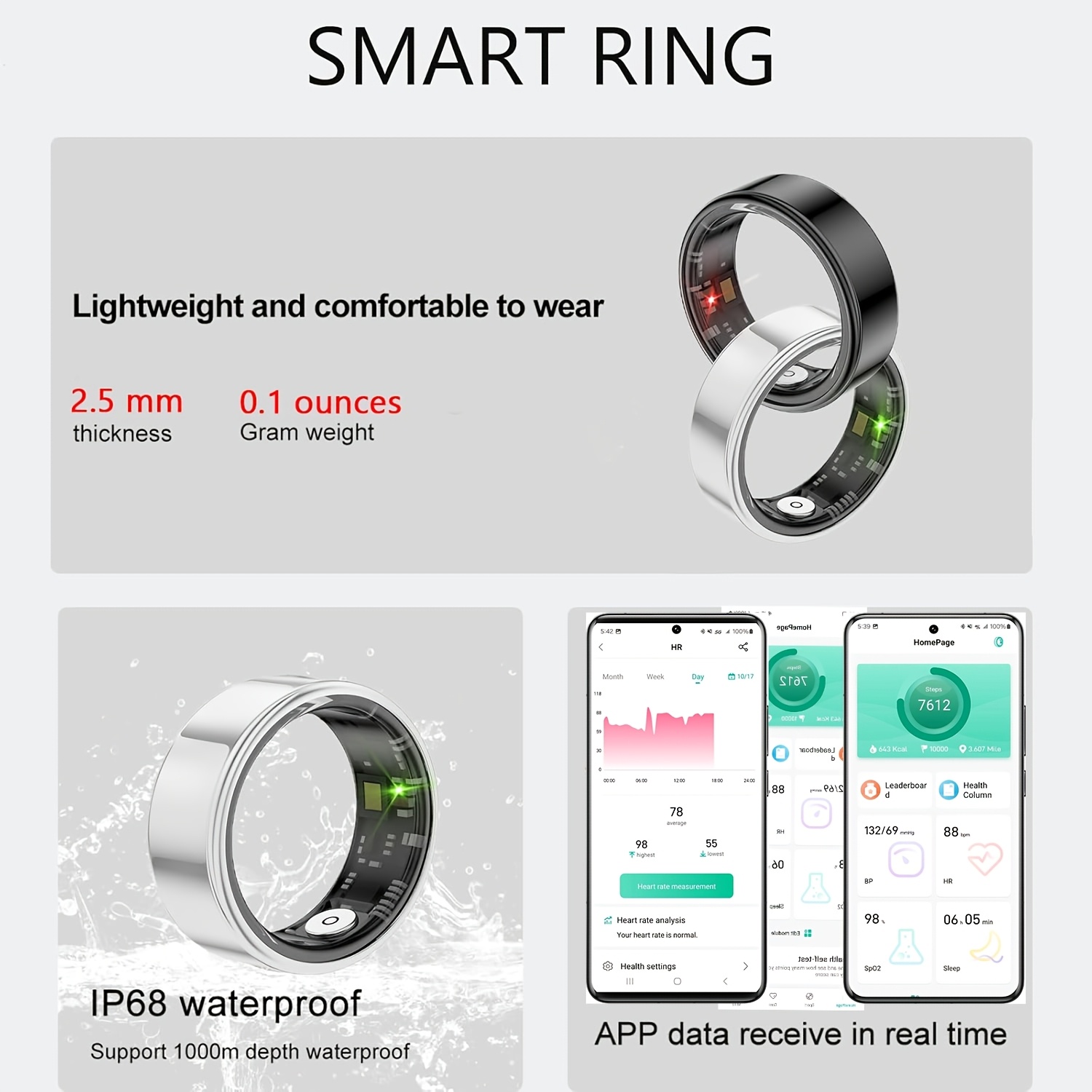 Bague Intelligente Anneau De Santé Intelligent, Suivi De La Santé De L'anneau Intelligent, BT 5.1, Compteur De Pas De Surveillance De La Température Corporelle Du Sommeil, Anneau Ring Fit