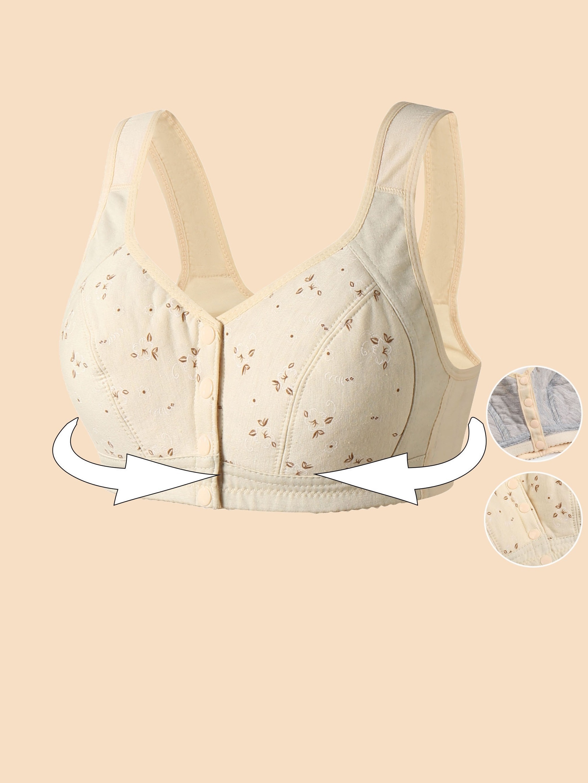 Soutien-gorge taille pour femme Fermeture armature, tissu fin et  respirant, noir avec imprimé floral rouge, bretelles aj