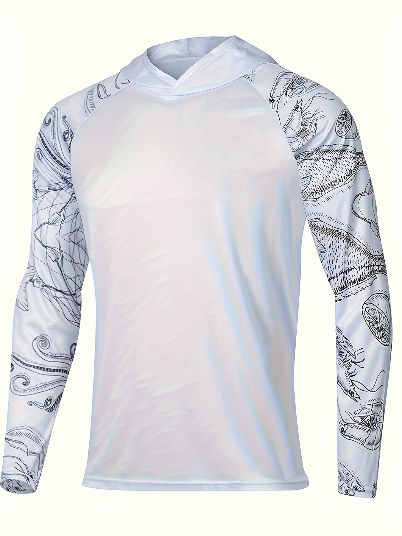 Men's Raglan Sleeve With Fish Pattern Hoodie, Anti-UV Sunscreen Sun Protection Fishing Shirt Breathable Quick Dry Hooded Fishing Jersey For