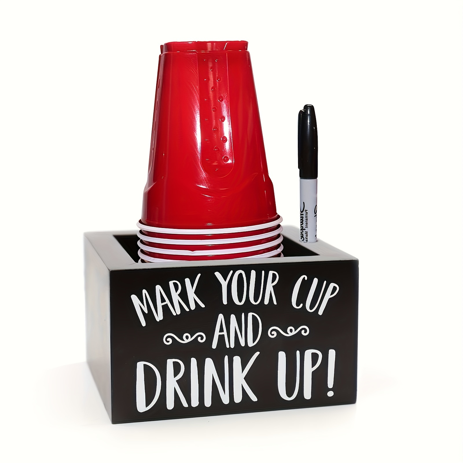 

Vintage Wood Cup Caddy With Marker Storage - Party Cup Holder Organizer, Cup Dispenser With Chalkboard Sign, Wooden Party Accessory For Home, Wedding, Hostess Gift