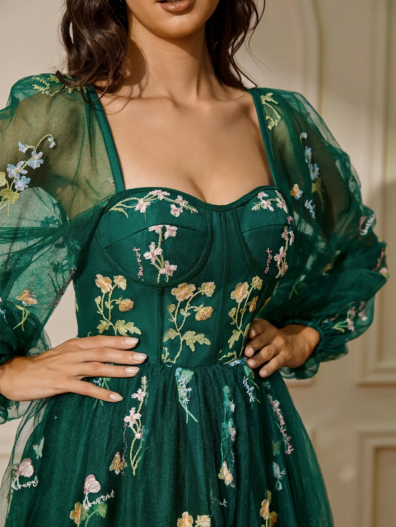green emerald velvet dress Long Sleeve Modest Floral Prom Dresses Embroidered Long Formal Dress ARD2094