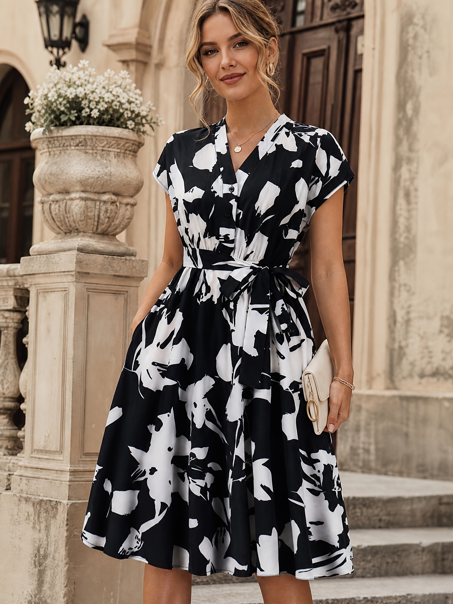 black and white dress knee length dresses knee length women sold on Temu United States