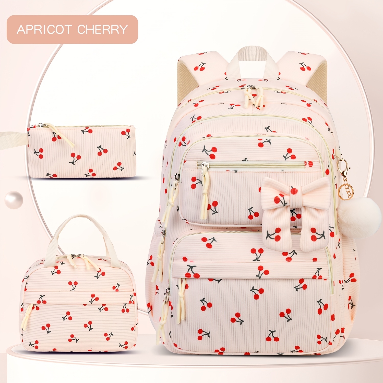 TEMU 3pcs Corduroy Backpack Set With Hand Bag, Lightweight Teen Girls School Bag Laptop Bag Travel Daypack For Middle High School, For Teenager