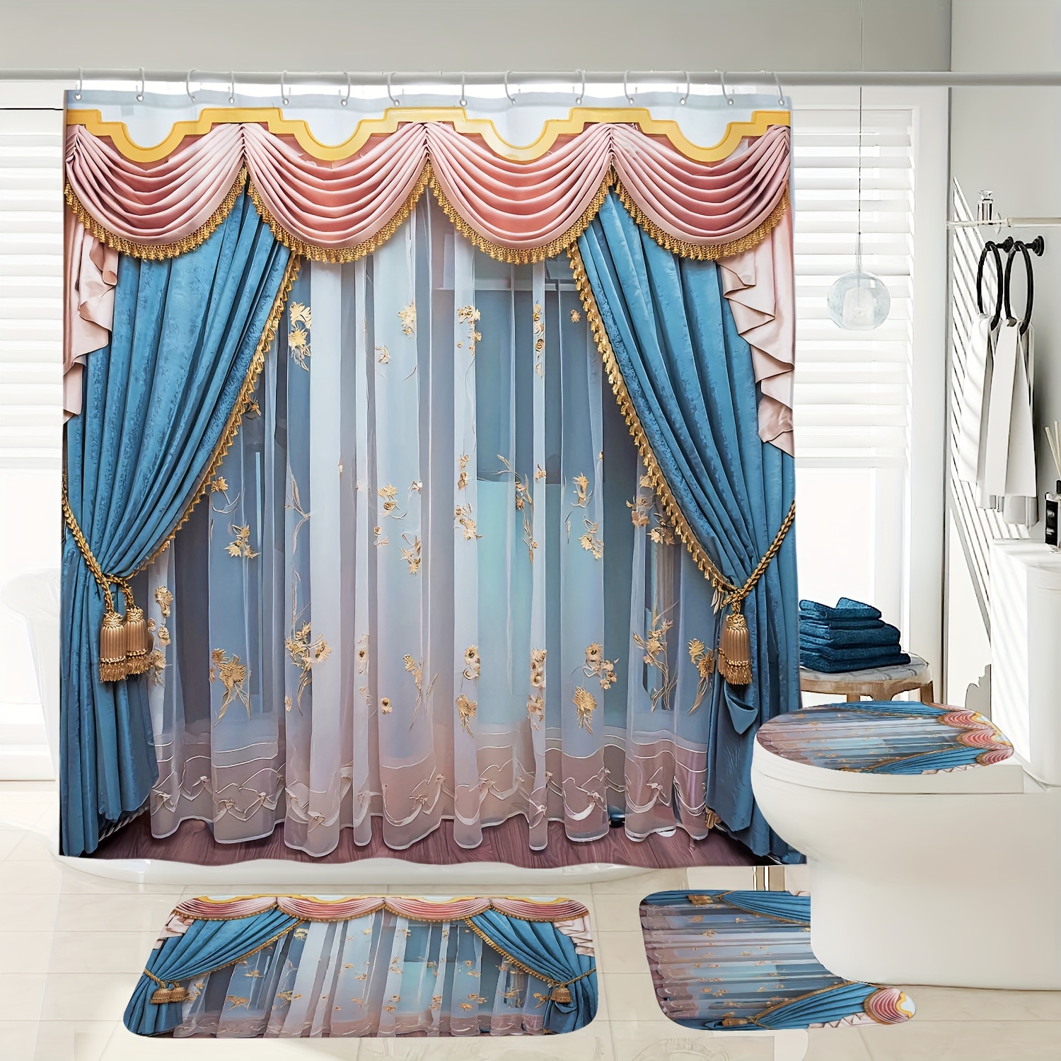 

1/3/4pcs Delicate Valance Pattern Shower Curtain Set, Shower Curtain With 12 Hooks, Non-slip Bath Mat, U-shaped Toilet Mat, Toilet Mat, Bathroom Decor Accessories