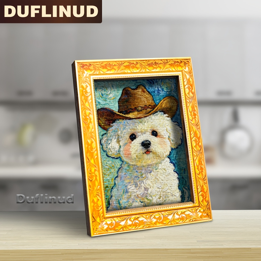 TEMU 1pc Cute Dog Refrigerator Magnet, Wooden Mini Decorative Painting, Puppy Wearing Cowboy Hat, Oil Painting Effect, Wooden Fridge Magnet, Office