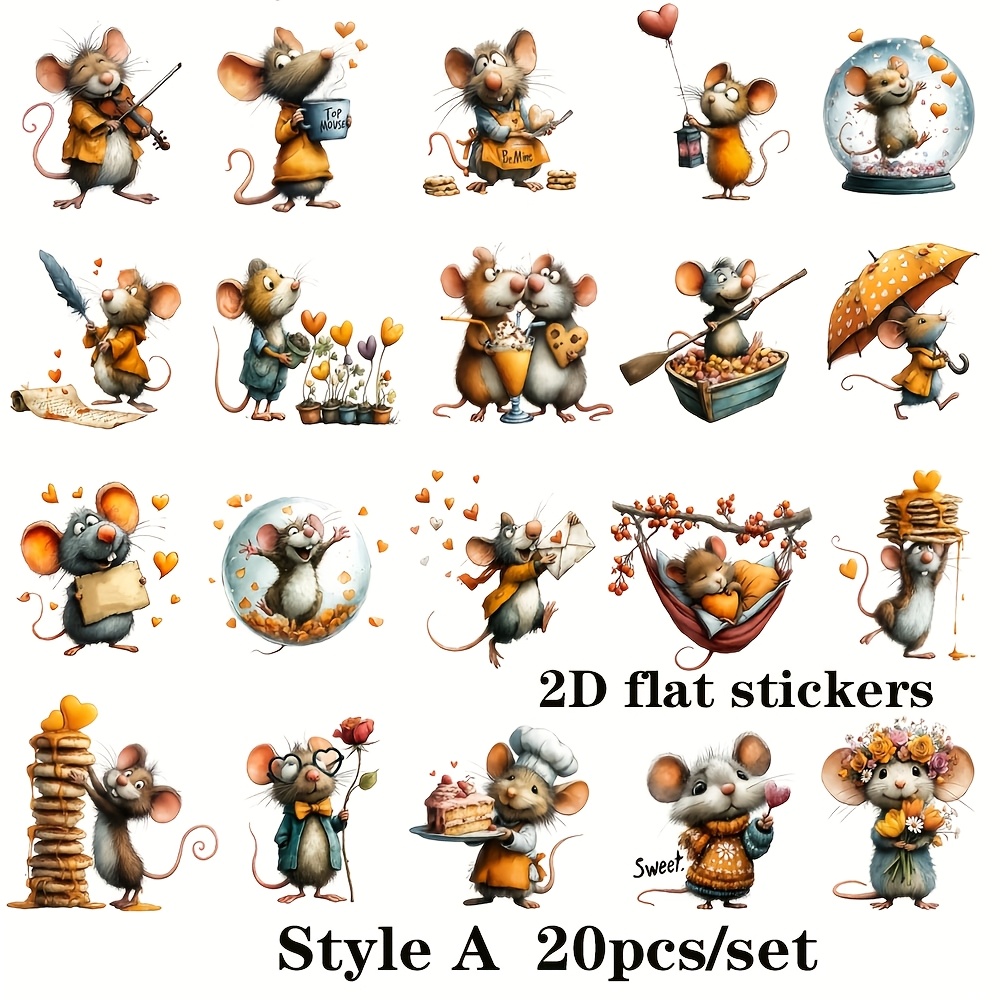 20pcs/set Vintage Valentine's Day Mouse Series Handmade Stickers Decoration, 2d Flat