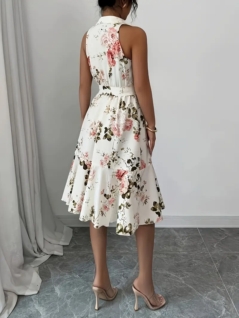 elegant floral print v neck dress for women sleeveless tie waist lightweight summer dress with lace up detail casual or formal occasions cute dress Product details 2