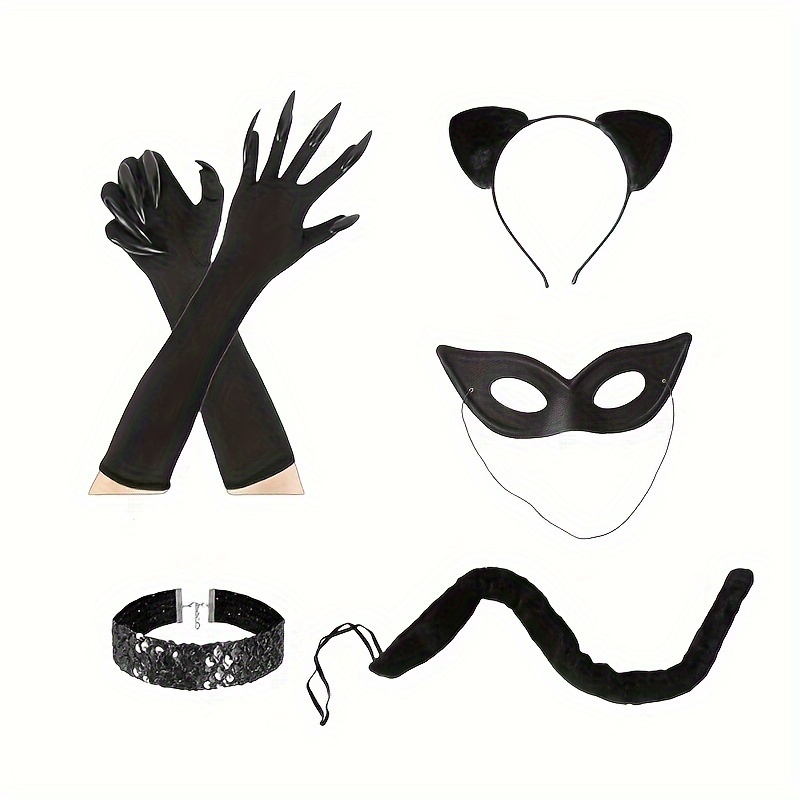 5pcs halloween costume accessories set cosplay kit with long claw gloves cat ears headband choker necklace masquerade mask and tail for witch wizard theme parties details 2