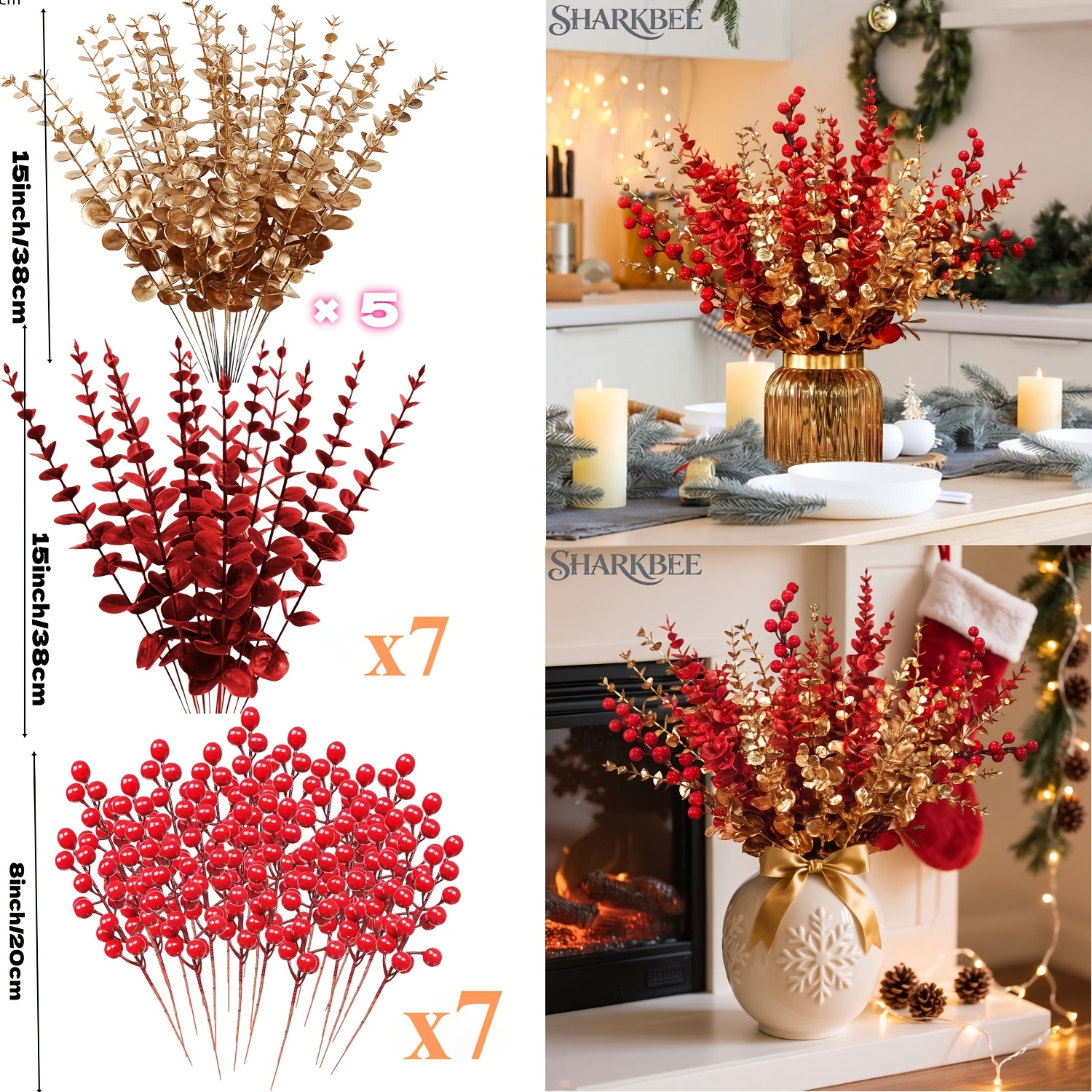 TEMU 19pcs Sparkling Golden Eucalyptus And Red Eucalyptus And Artificial Christmas Decorations | Outdoor Christmas Decor, Wreath, Christmas Tree