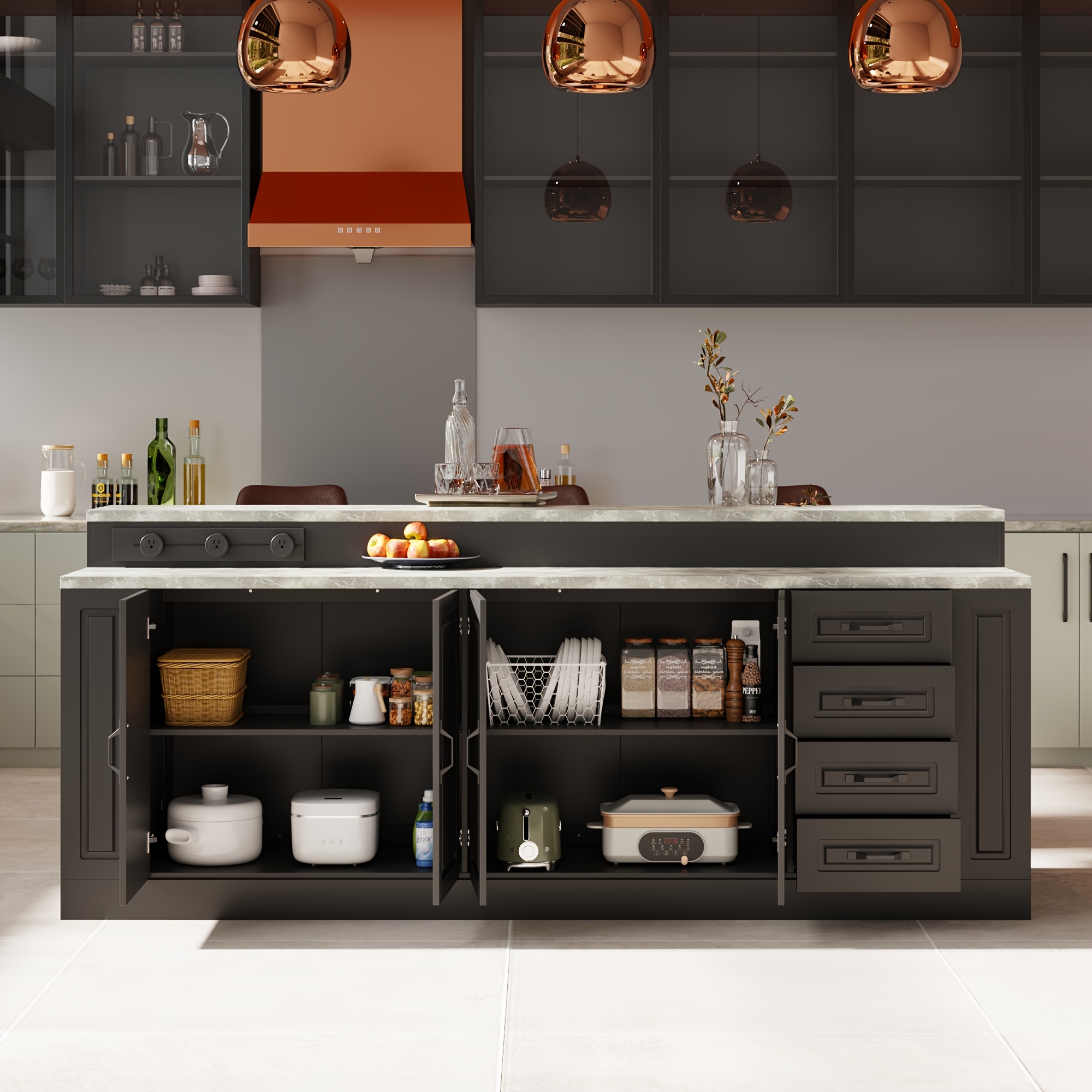 modern 4 door kitchen island with 4   drawers and 4 shelves heavy duty kitchen pantry storage cabinet with stone patterned tabletop stationary kitchen table coffee bar dining table for dining room kitchen stylish design 94 5l 31 3d Product details 1