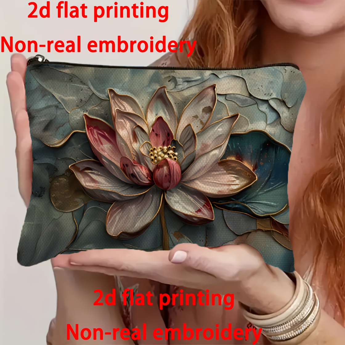 TEMU Elegant Enamel Lotus Design Women's For Makeup Bag - (2d Flat Non-embroidered) - Portable Cosmetic Bag With Zipper Closure, Suitable For Storing