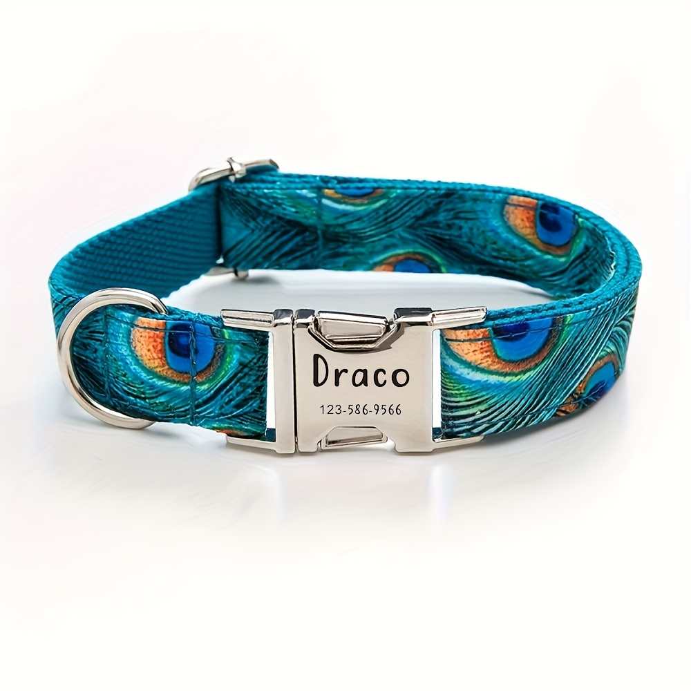TEMU Vibrant Peacock Print Dog Collar - Adjustable, Durable Polyester Padded Pet Collar For Small To Large Dogs With Metal D-ring And Nameplate
