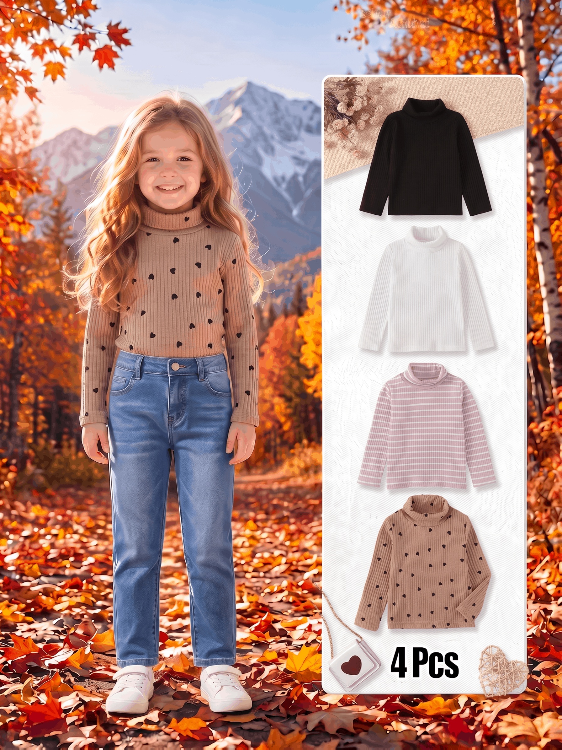 4pcs Girls' High-Neck Stylish Pullover Sweater Set, Autumn/Spring