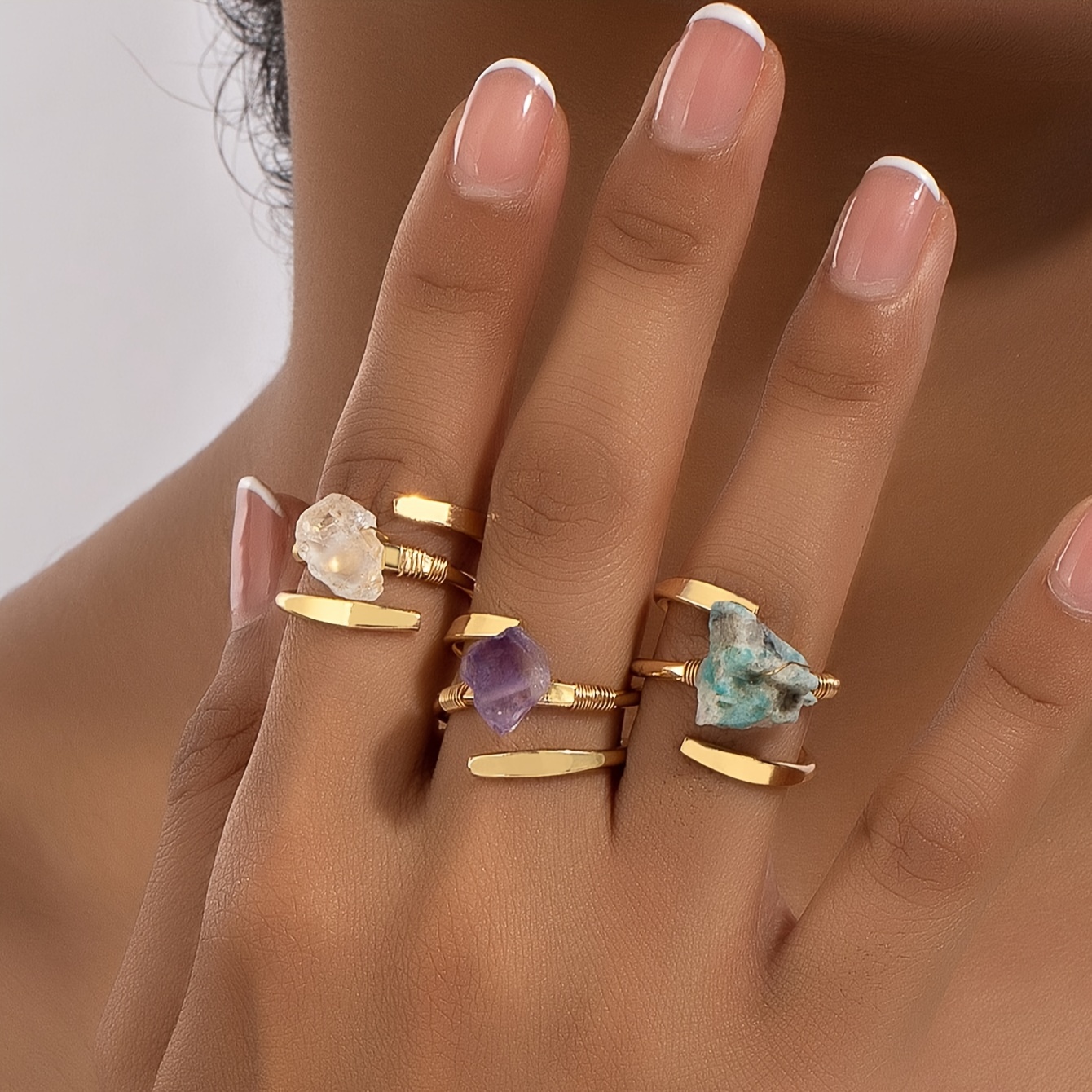 

Boho Elegant Ring Set For Women - 14k Golden Plated Copper With Natural Stone - Amethyst And Raw Crystal Wired Rings - Versatile For Party, Vacation, All Seasons - 3-piece Jewelry Ensemble