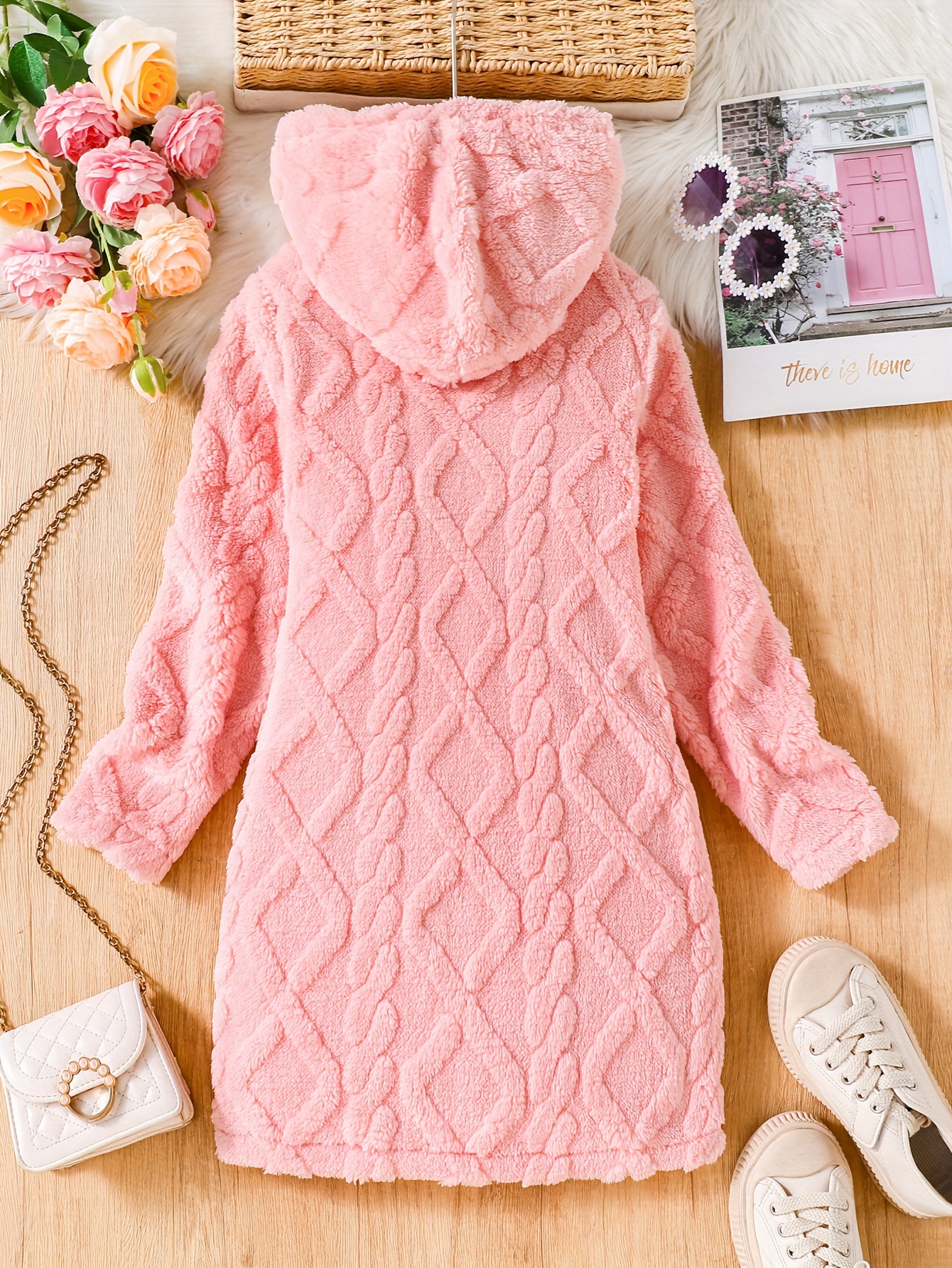 Girls' Mid-Length Double-Sided Coral Fleece Hooded Pullover