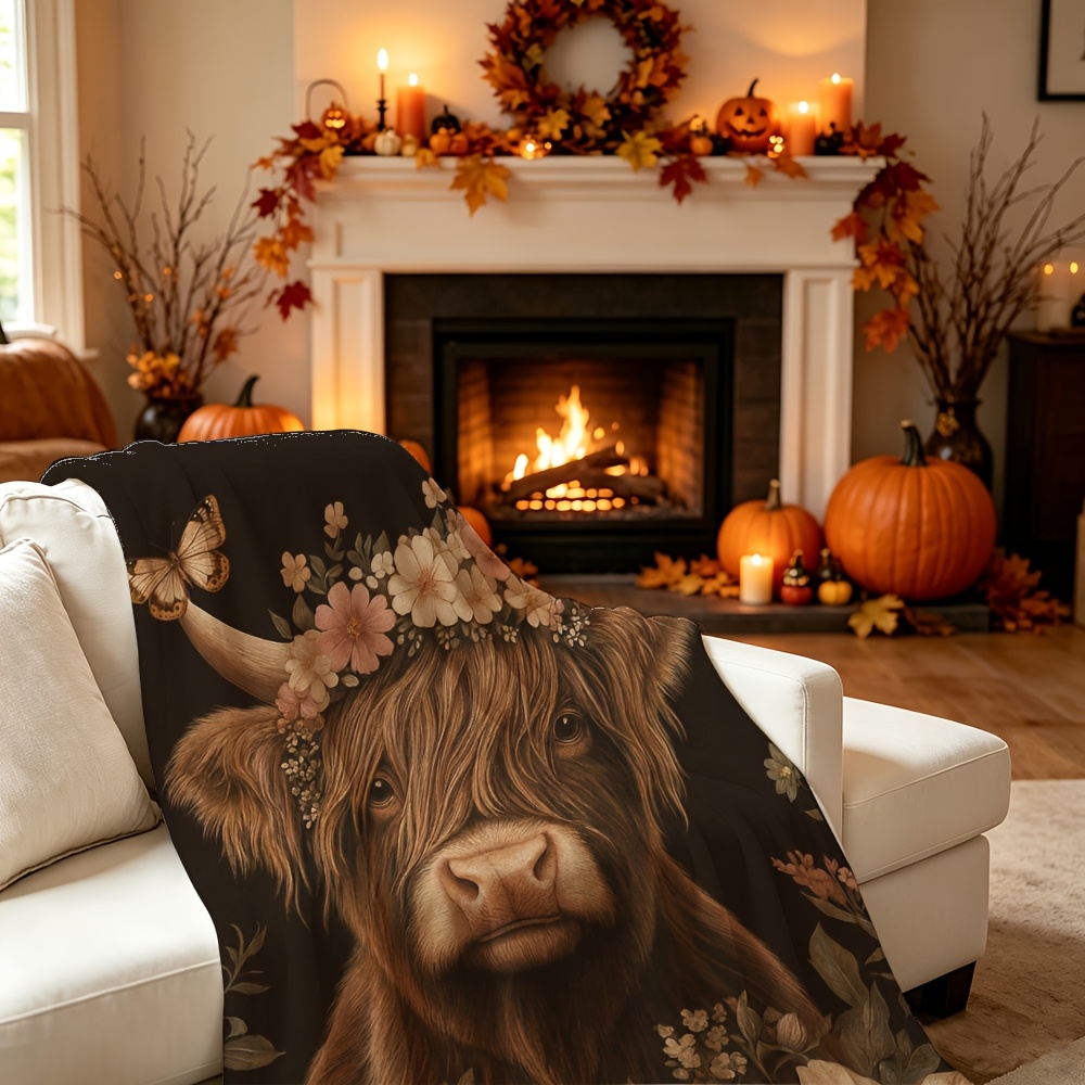 TEMU 2d Flat Printing, 1pc, Highland Cow Printed Blanket, Flannel Material, Featuring Highland Cows With Flower Crowns And Butterflies, Single-sided