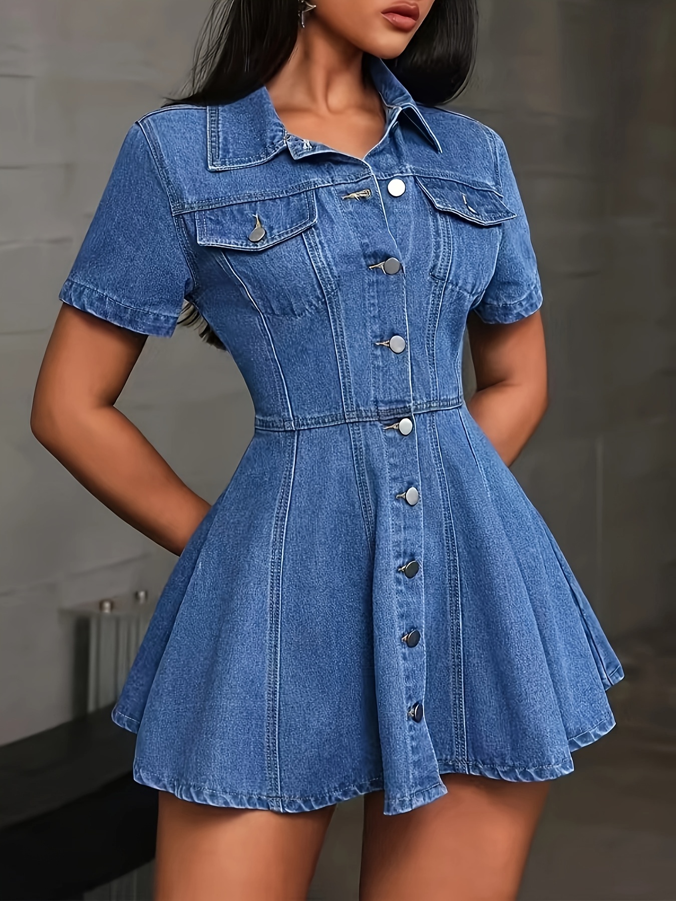 Women'S Elegant Denim Short Sleeve Button-Up A-Line Coat Fitted Flared Hem