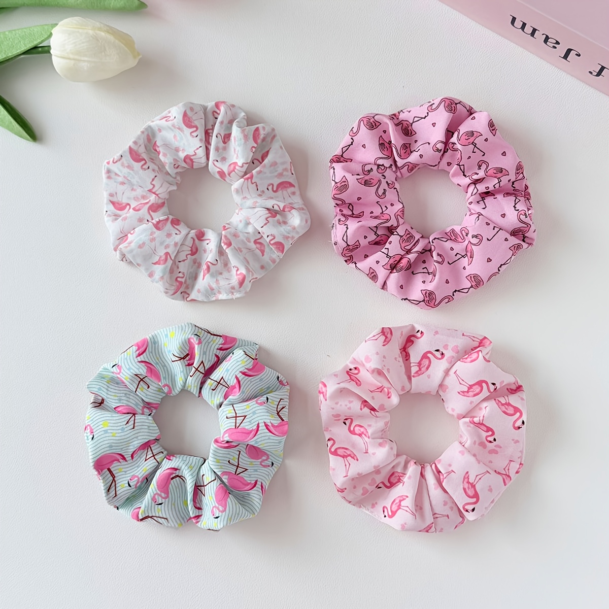 TEMU 4pcs Hawaiian Themed Flamingo Animal Element Hair Ties, Women' And Stylish Cartoon Flamingo Pattern Ponytail And Bun Hair Elastics, Suitable For