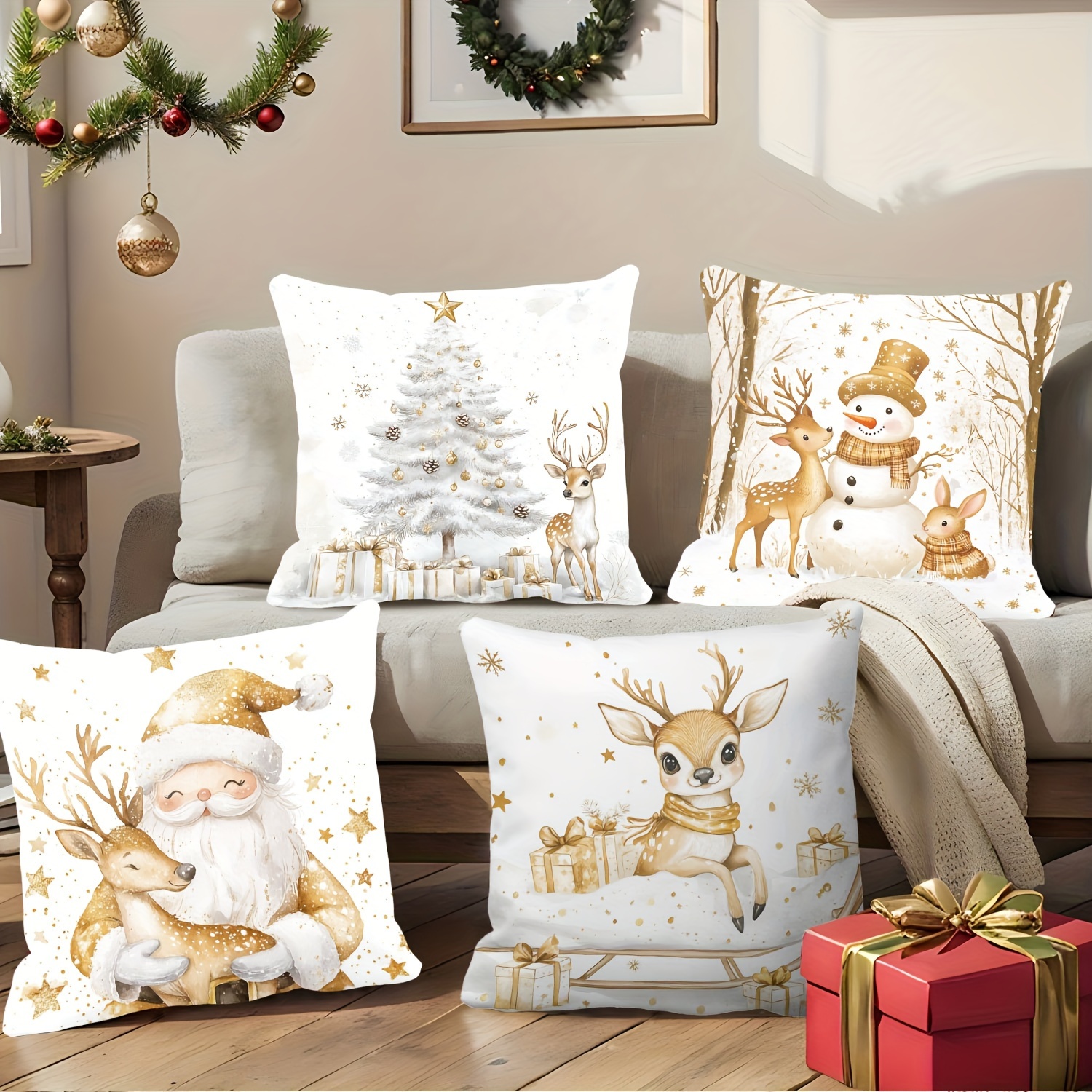 

4pcs Christmas Throw Pillow Covers Set - Vintage Santa & , 18x18 Inches - Zip Closure, Machine Washable - Sofa, Bed & Home Decor (inserts Not Included)