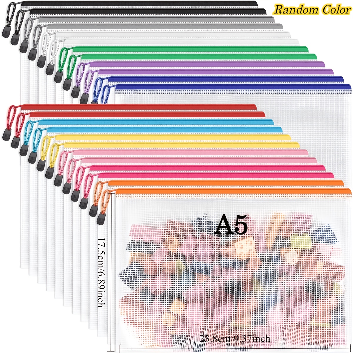 TEMU Lot de 24 pochettes zippées de couleurs aléatoires pour , format A5, sacs zippés pour le stockage de documents, fournitures de bureau, articles