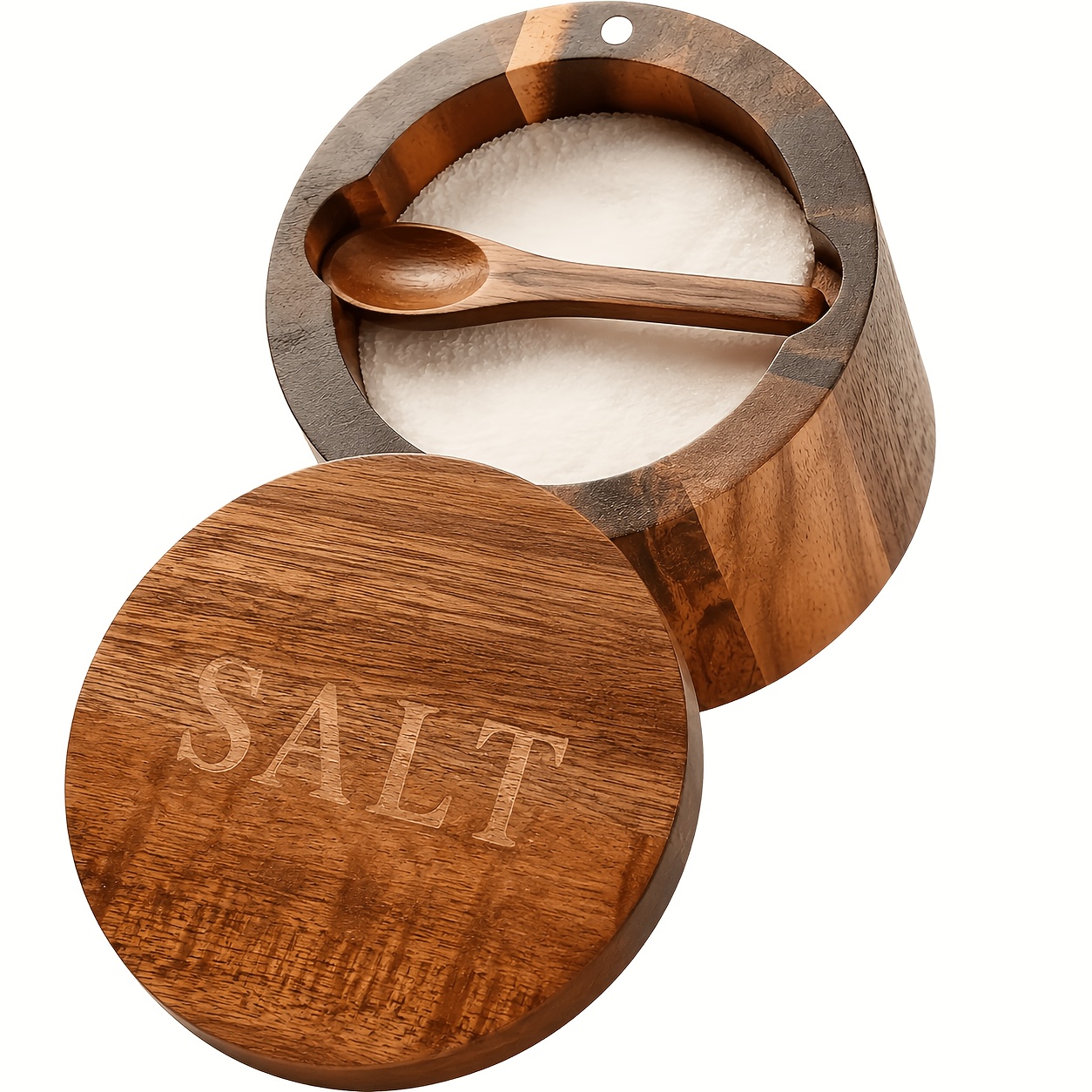 TEMU Wooden Engraved Salt Holder Bowl, Acacia Wood Seasoning Container With Swivel Cover And Built-in Spoon For Kitchen
