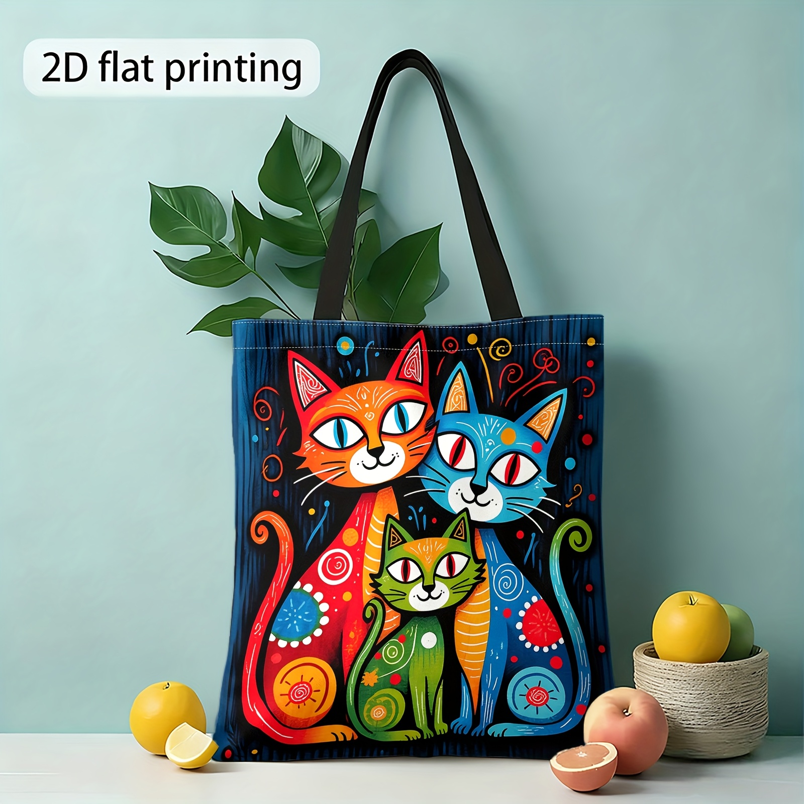 E-shop Weihnachtsgeschenk: 2D-Bedruckte Tragetasche, Bunte Katzenmuster Tragetasche, Wiederverwendbare Einkaufstasche, Damen Schultertasche Tragetasche