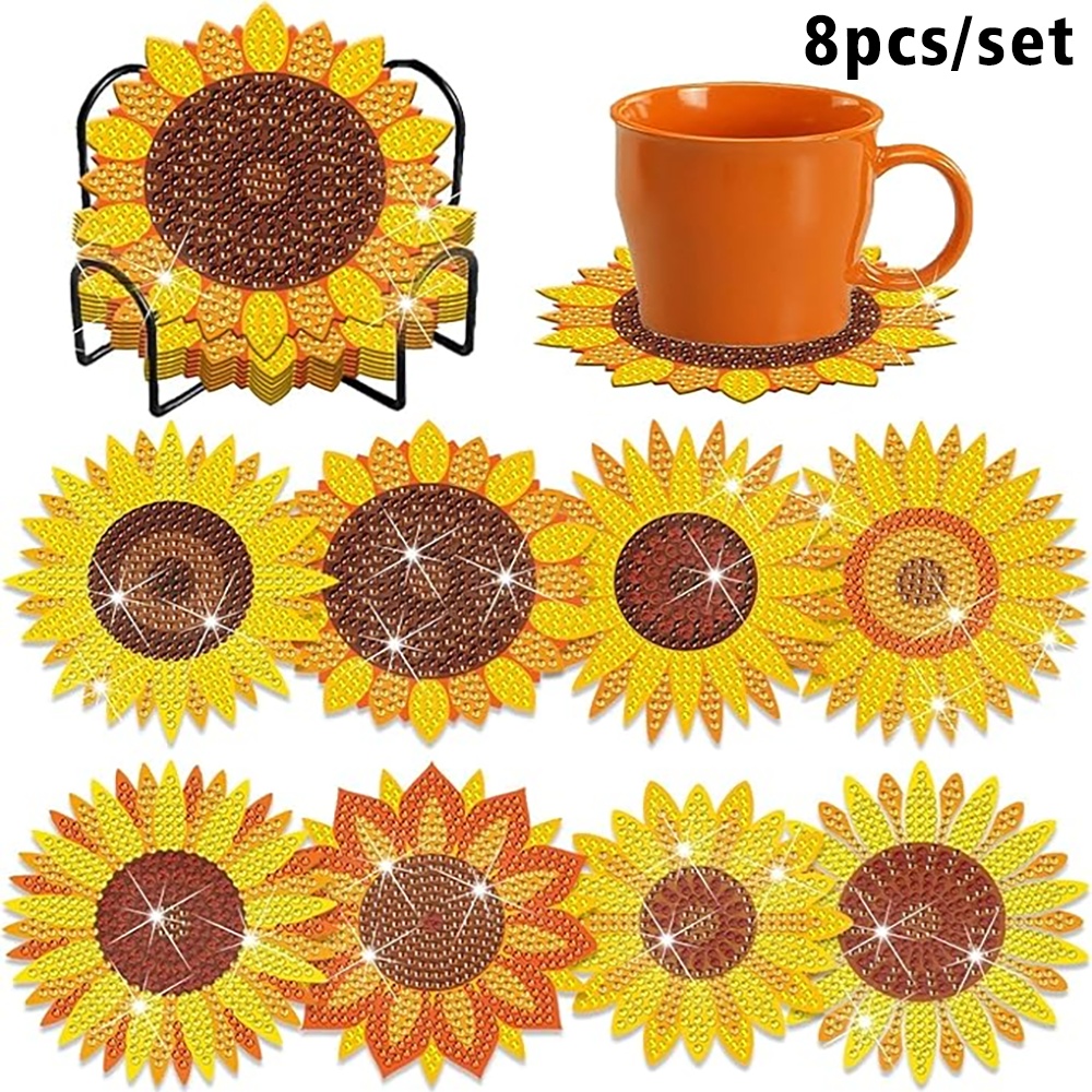 Image of Set Of 8 Diamond Painting Coasters Featuring Sunflower Designs, Coasters Are Insulated For Beverages And Have A Non-slip Base, Perfect For Handmade Gifts And Mosaic Projects