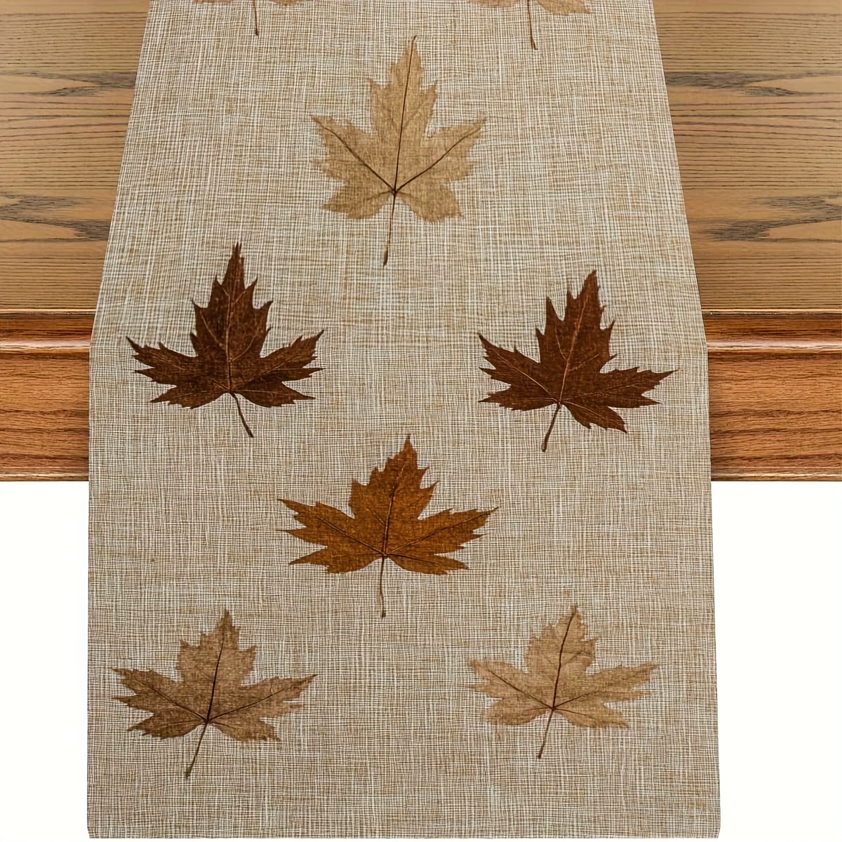 TEMU 1pc Linen Autumn Maple Leaf Table Runner -rustic Fall Decor With Brown & Beige Leaf Design, Durable Kitchen & Dining Table Runner Or