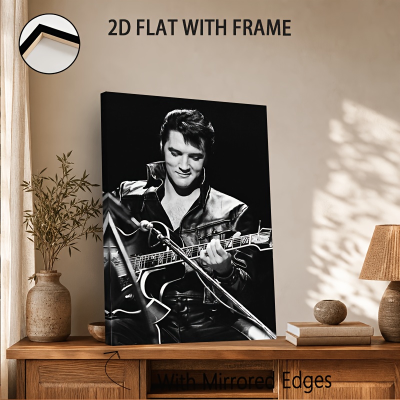 TEMU 2d Flat, 1pc Elvis Framed Canvas Print - & White 'n' Roll Suitable For Home, Office, Decor, Vertical Portrait Wall Art, Birthday Gift For &,