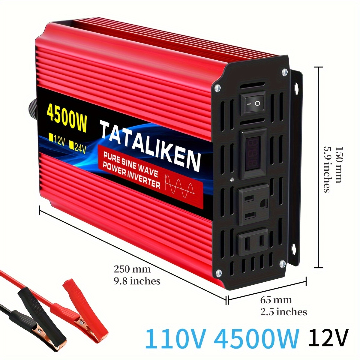 TEMU Onduleur à sinusoïdale pure 4500W/1500W 12V vers AC 110V avec convertisseurs de puissance automobile pour téléphones portables, ordinateurs