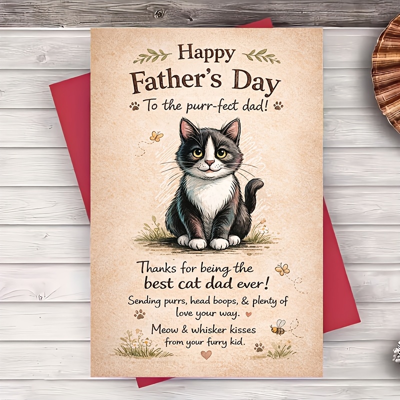 TEMU 1 Greeting Card + 1 Envelope Fathers Day Cat Dad Greeting Card Cute Kitty Design Gift From For Husband Boyfriend Brother Or Friend Fathers Day